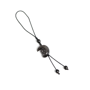Natural silver obsidian cat on moon pendant with handmade black woven cord phone charm