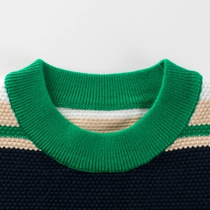 Kids round neck striped sweater with green ribbed collar and thick knit texture