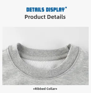 Close-up of ribbed crewneck detail and warm fleece lining on grey children sweater