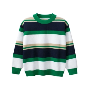 Kids' striped knit sweater with vibrant horizontal stripes and ribbed crew neck top