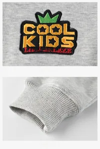 Close-up of embroidered emblem and ribbed cuff on a gray fleece sweatshirt for kids