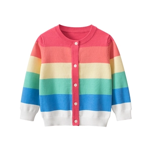 Meisjes Regenboog Gestreepte Gebreide Vest Trui 100% Katoen Ronde Hals Knoopsluiting Lange Mouw Herfst Outwear Voor Kinderen