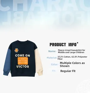 Detail of kids navy fleece sweatshirt with blue and beige color-block sleeves and print
