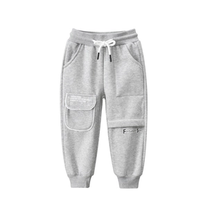 Kids light grey fleece lined jogger pants with drawstring waist and cargo pocket detail