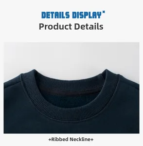 Detail of navy blue sweatshirt showing the durable ribbed neckline and reinforced inner seam