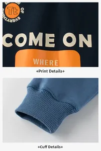 Detail of screen-printed chest logo and ribbed cuffs on dark blue sweatshirt
