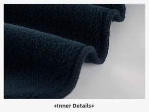 Close-up of navy blue fleece lining with tight stitching and soft thermal texture