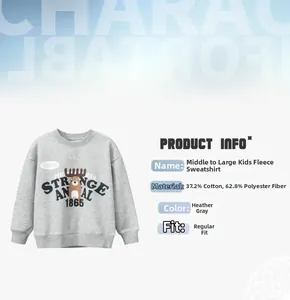 Detail view of heather gray kids fleece sweatshirt with cotton blend fabric info