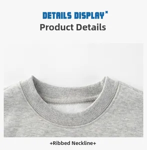 Close-up of grey fleece sweatshirt featuring a ribbed crew neck and inner taping detail