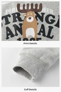 Detail of grey kids sweatshirt with moose print and elastic ribbed cuff texture