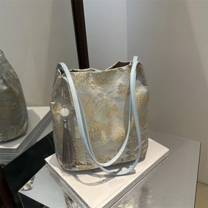 Nuovo Stile Cinese Donna Borsa a Tracolla Jacquard Paesaggio Bambù Modello Tote Bag Con Nappina Vintage Elegante Velluto Raso Borsa
