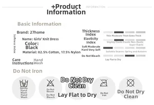 Detailed knit dress specs: 82.5% cotton, 17.5% nylon, black color with washing instructions
