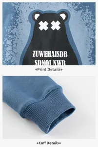 Détail du sweat-shirt bleu pour enfant avec imprimé ours et finition de poignet côtelé