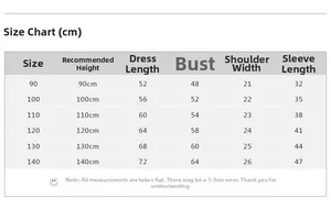 Size chart for girls knitted dress showing height, length, bust, and sleeve measurements