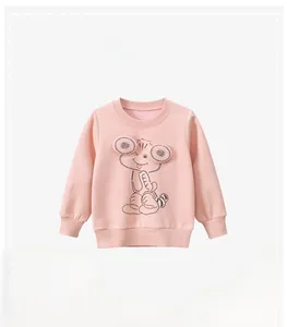 Detail of pink fleece sweatshirt featuring 3D cartoon animal appliqué and ribbed cuffs