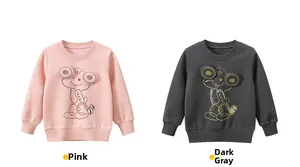 Detail of pink and dark grey kids sweatshirts featuring 3D cartoon tiger appliques