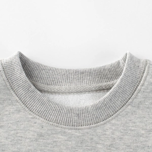 Gray crewneck sweatshirt for kids featuring ribbed collar and warm fleece lining details