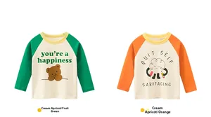 Detailed flat lay of long sleeve cotton tees with bear and cloud graphics for kids