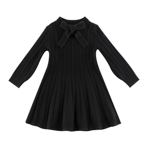 Girls Long Sleeve Knitted Dress Ribbed Cotton Blend Bowknot Pleated Hem Autumn Winter Korean Style Princess