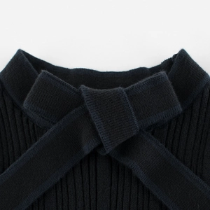 Girls fashion knit sweater dress with ribbon bow detail in black ribbed texture