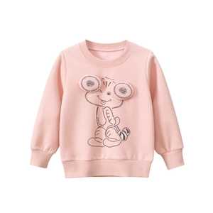 Pink fleece lined sweatshirt for girls with cute cartoon graphic and 3D plush ears