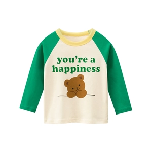 Kids Long Sleeve Raglan T-Shirt Cotton Cartoon Bear Cloud Slogan Print Round Neck Casual Top For Boys Girls
