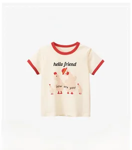 Detail of kids cotton T-shirt with cartoon duck print and red contrast ribbed collar