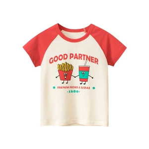 Mädchen Baumwolle T-Shirt Raglan Kurzarm Rundhals Retro Cartoon Pommes Print Sommer Lässiges Kinder Oberteil
