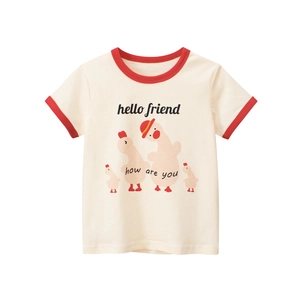 Girls Short Sleeve T Shirt Cotton Cartoon Duck Print Ringer Tee Summer Korean Style Round Neck Contrast Color Top