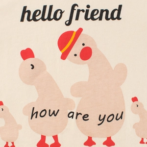 Kids cute cartoon chick graphic t-shirt in beige with hello friend printed text