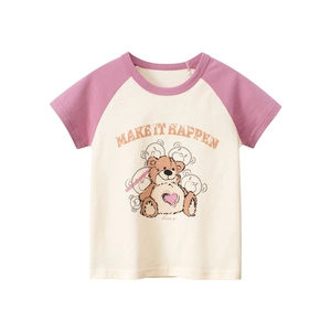 T Shirt Fille Coton Imprimé Ours Dessin Animé Manches Courtes Raglan Style Coréen Été Haut Décontracté Doux