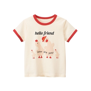 Kids cream cotton T-shirt with cartoon ducks and red contrast ribbed neck and sleeves
