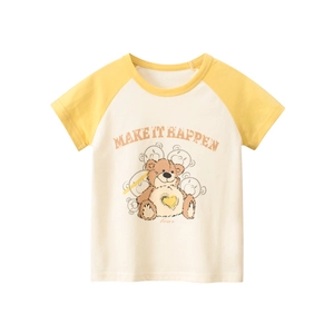 T-shirt raglan enfant en coton avec imprimé ours mignon et manches jaunes contrastées