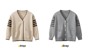 Detail of V-neck knit cardigans with four-stripe sleeves in beige and heather grey