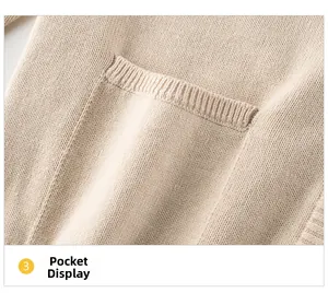 Detailed close-up of a ribbed knit pocket on a beige children's knitted cardigan jacket
