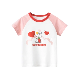 T-Shirt À Manches Courtes Pour Filles 100 Pour Cent Coton Manches Raglan Imprimé Lapin Dessin Animé Col Rond Été Top
