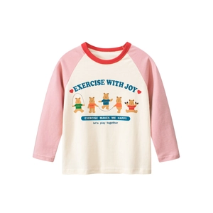 T-Shirt À Manches Longues Pour Filles En Coton Manches Raglan Col Rond Imprimé Ours De Dessin Animé Haut Décontracté