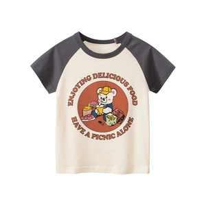 T-Shirt En Coton Pour Filles Manches Raglan Contrastées Imprimé Ours De Dessin Animé Col Rond Haut Décontracté D'été