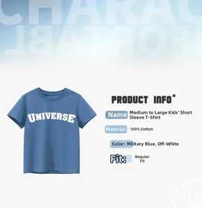 Détail du t-shirt en coton pour enfants avec imprimé UNIVERSE et guide des tailles