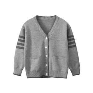Classic grey V-neck knit cardigan for kids featuring white buttons and four-stripe sleeves