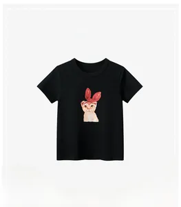 Close-up of black cotton kids T-shirt featuring a cute cat print with rabbit ears