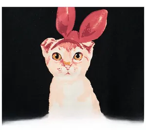 Close-up of cute cartoon cat with red bunny ears print on black cotton kids T-shirt