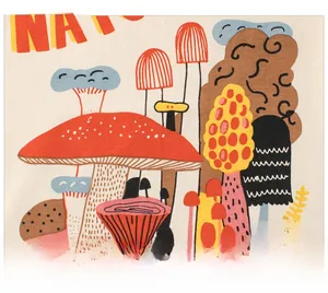 Detail view of cotton knit fabric with nature print featuring mushrooms and nature text