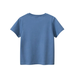 Vue arrière d'un t-shirt bleu à manches courtes en coton avec un col rond classique