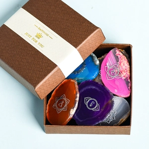 Chakra natural agate slices with energy symbols in a premium gift box set
