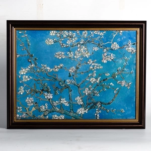 Van Gogh Almond Blossoms crystal stone framed art with dark wood and gold trim