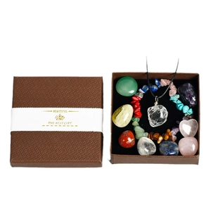 Healing crystal set with polished chakra stones and wire wrapped quartz necklace in gift box