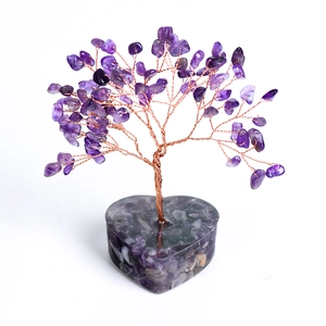Natural amethyst crystal money tree with copper wire and heart-shaped resin base decor