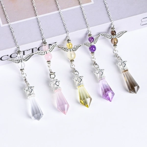 Natural Crystal Angel Wing Pendulum Pendant Hexagonal Cone Stone Dowsing Divination Spiritual Healing Decor Jewelry With Metal Chain