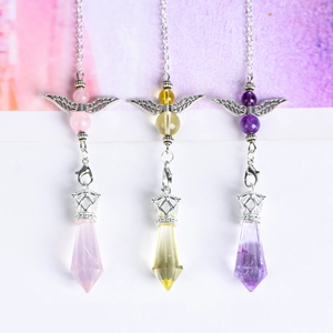 Three-color natural crystal angel wing pendulum necklaces in pink, yellow and purple